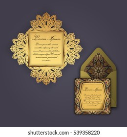 Wedding invitation or greeting card with vintage floral ornament. Paper lace envelope template, mock-up for laser cutting. Vector illustration.