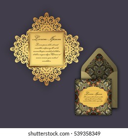 Wedding invitation or greeting card with vintage floral ornament. Paper lace envelope template, mock-up for laser cutting. Vector illustration.