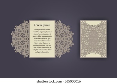 Wedding invitation or greeting card with vintage lace ornament. Mock-up for laser cutting. Vector illustration