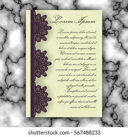 Wedding invitation or greeting card with vintage lace ornament. Mock-up for laser cutting. Vector illustration