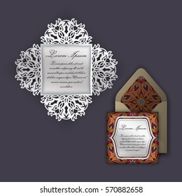Wedding invitation or greeting card with vintage floral ornament. Paper lace envelope template, mock-up for laser cutting. Vector illustration.
