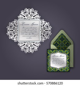 Wedding invitation or greeting card with vintage floral ornament. Paper lace envelope template, mock-up for laser cutting. Vector illustration.