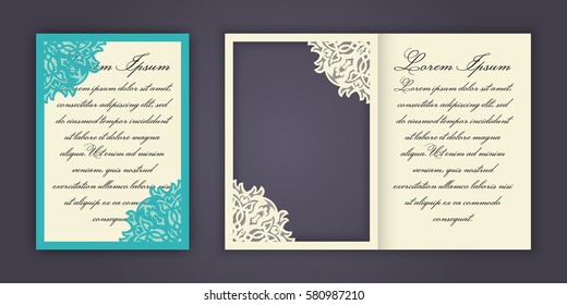 Wedding invitation or greeting card with vintage lace ornament. Mock-up for laser cutting. Vector illustration