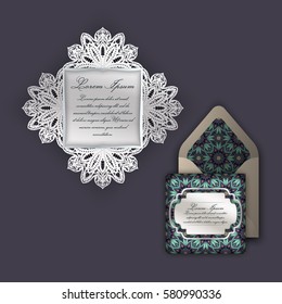 Wedding invitation or greeting card with vintage floral ornament. Paper lace envelope template, mock-up for laser cutting. Vector illustration.