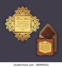 Wedding invitation or greeting card with vintage floral ornament. Paper lace envelope template, mock-up for laser cutting. Vector illustration.