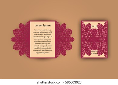 Wedding invitation or greeting card with vintage lace ornament. Mock-up for laser cutting. Vector illustration