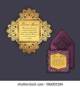 Wedding invitation or greeting card with vintage floral ornament. Paper lace envelope template, mock-up for laser cutting. Vector illustration.