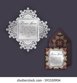 Wedding invitation or greeting card with vintage floral ornament. Paper lace envelope template, mock-up for laser cutting. Vector illustration.