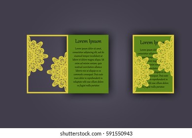 Wedding invitation or greeting card with vintage lace ornament. Mock-up for laser cutting. Vector illustration