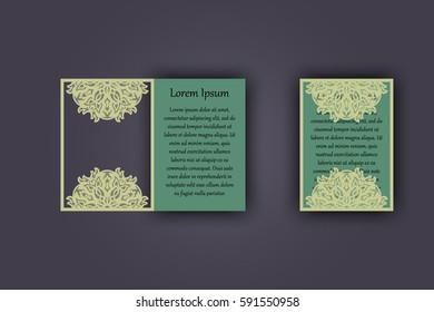 Wedding invitation or greeting card with vintage lace ornament. Mock-up for laser cutting. Vector illustration