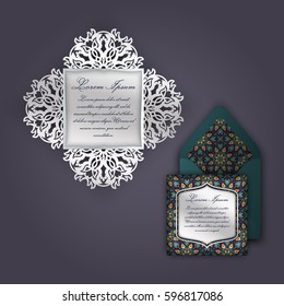 Wedding invitation or greeting card with vintage floral ornament. Paper lace envelope template, mock-up for laser cutting. Vector illustration.