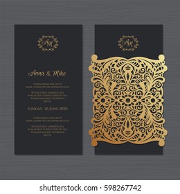 Wedding invitation or greeting card with vintage ornament. Paper lace envelope template. Wedding invitation envelope mock-up for laser cutting. Vector illustration.