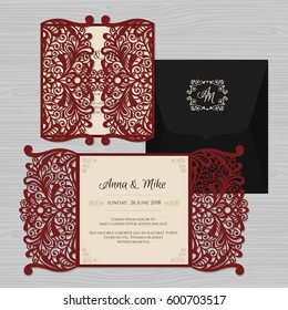 Wedding invitation or greeting card with vintage ornament. Paper lace envelope template. Wedding invitation envelope mock-up for laser cutting. Vector illustration.