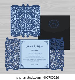 Wedding invitation or greeting card with vintage ornament. Paper lace envelope template. Wedding invitation envelope mock-up for laser cutting. Vector illustration.