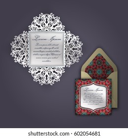 Wedding invitation or greeting card with vintage floral ornament. Paper lace envelope template, mock-up for laser cutting. Vector illustration.
