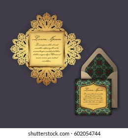 Wedding invitation or greeting card with vintage floral ornament. Paper lace envelope template, mock-up for laser cutting. Vector illustration.