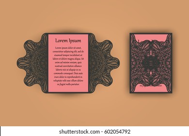 Wedding invitation or greeting card with vintage lace ornament. Mock-up for laser cutting. Vector illustration