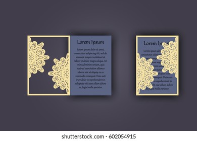 Wedding invitation or greeting card with vintage lace ornament. Mock-up for laser cutting. Vector illustration