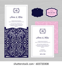Wedding invitation or greeting card with vintage ornament. Paper lace envelope template. Wedding invitation envelope mock-up for laser cutting. Vector illustration.