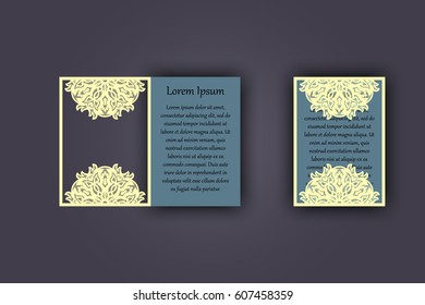 Wedding invitation or greeting card with vintage lace ornament. Mock-up for laser cutting. Vector illustration