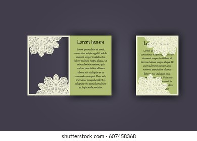 Wedding invitation or greeting card with vintage lace ornament. Mock-up for laser cutting. Vector illustration