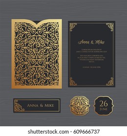 Wedding invitation or greeting card with vintage ornament. Paper lace envelope template. Wedding invitation envelope mock-up for laser cutting. Vector illustration.