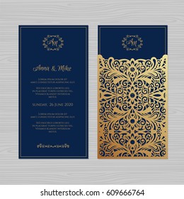 Wedding invitation or greeting card with vintage ornament. Paper lace envelope template. Wedding invitation envelope mock-up for laser cutting. Vector illustration.