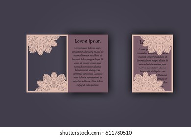 Wedding invitation or greeting card with vintage lace ornament. Mock-up for laser cutting. Vector illustration