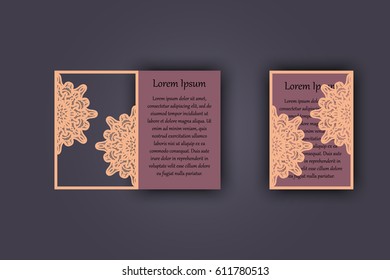 Wedding invitation or greeting card with vintage lace ornament. Mock-up for laser cutting. Vector illustration