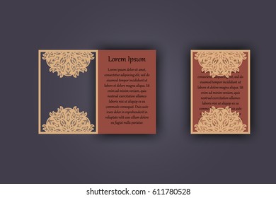 Wedding invitation or greeting card with vintage lace ornament. Mock-up for laser cutting. Vector illustration
