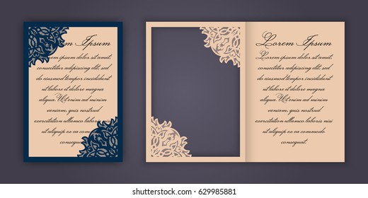 Wedding invitation or greeting card with vintage lace ornament. Mock-up for laser cutting. Vector illustration