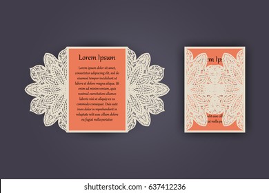 Wedding invitation or greeting card with vintage lace ornament. Mock-up for laser cutting. Vector illustration
