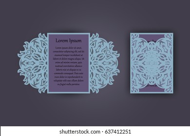 Wedding invitation or greeting card with vintage lace ornament. Mock-up for laser cutting. Vector illustration