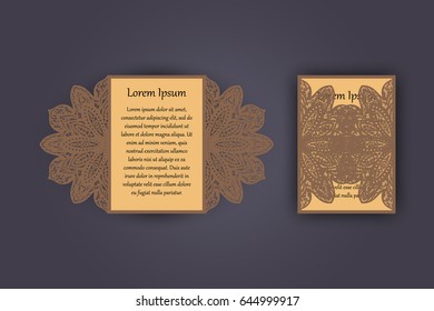 Wedding invitation or greeting card with vintage lace ornament. Mock-up for laser cutting. Vector illustration