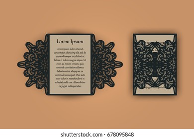 Wedding invitation or greeting card with vintage lace ornament. Mock-up for laser cutting. Vector illustration