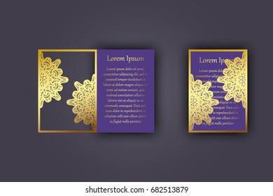 Wedding invitation or greeting card with vintage lace ornament. Mock-up for laser cutting. Vector illustration