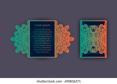 Wedding invitation or greeting card with vintage lace ornament. Mock-up for laser cutting. Vector illustration