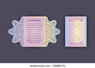 Wedding invitation or greeting card with vintage lace ornament. Mock-up for laser cutting. Vector illustration