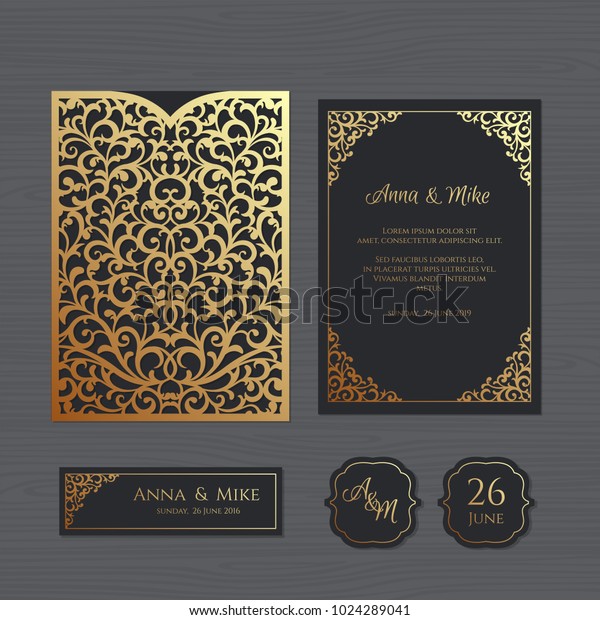 Wedding invitation or\
greeting card with vintage ornament. Paper lace envelope template.\
Wedding invitation envelope mock-up for laser cutting. Vector\
illustration.