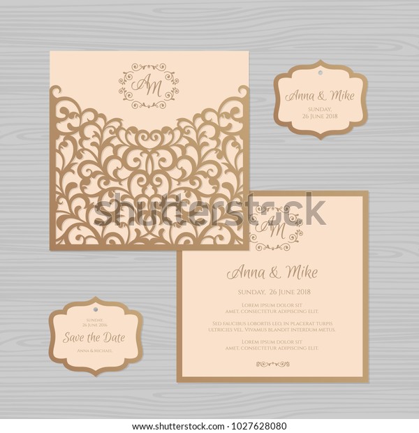 Wedding invitation or\
greeting card with vintage ornament. Paper lace envelope template.\
Wedding invitation envelope mock-up for laser cutting. Vector\
illustration.