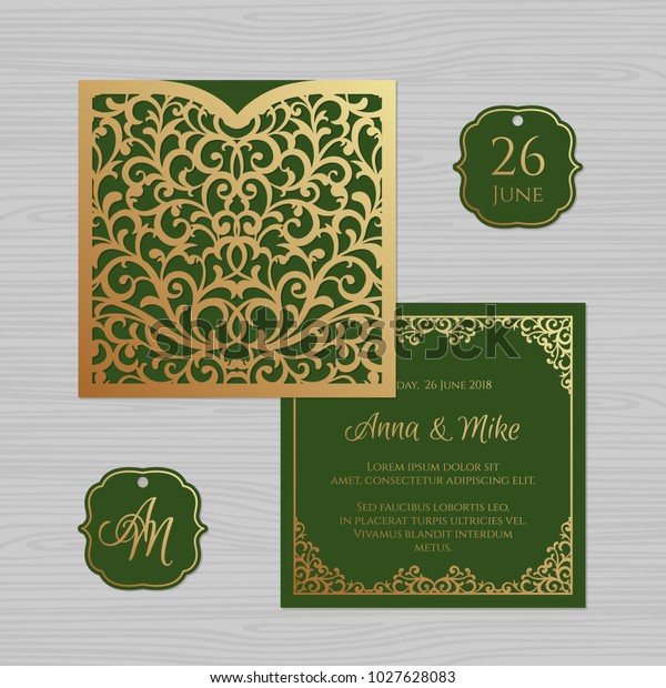 Wedding invitation or
greeting card with vintage ornament. Paper lace envelope template.
Wedding invitation envelope mock-up for laser cutting. Vector
illustration.