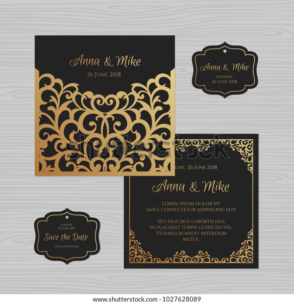 Wedding invitation or
greeting card with vintage ornament. Paper lace envelope template.
Wedding invitation envelope mock-up for laser cutting. Vector
illustration.