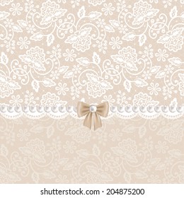 Wedding, invitation or greeting card with white lace on beige background 