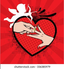 wedding invitation - groom and bride hands with wedding ring in a heart and sweet cupid.