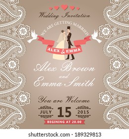 The wedding invitation with groom ,bride in Retro style