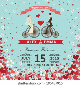 The wedding invitation with groom ,bride in Retro bicycle,vignettes,ribbon,pigeons,Flying hearts and spring flowers. Spring ,summer background, design template, save the date card. Vector illustration