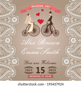 The wedding invitation with groom ,bride in Retro bicycle with vignettes,ribbon,Imitation lace in Paisley motiv.Wedding invitation design template.The vector.