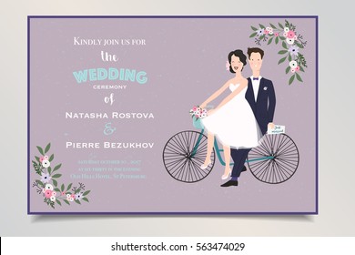 Wedding invitation with groom and bride riding tandem bicycle. Cute newlyweds riding a bike, vector illustration. Cartoon newly married couple. 