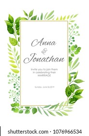 Wedding invitation. Grren leaves frame. Floral background. Vector illustration.