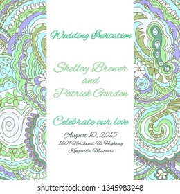 Wedding invitation with hand draw arabic, oriental, indian motiv. Traditional ornament, paisley